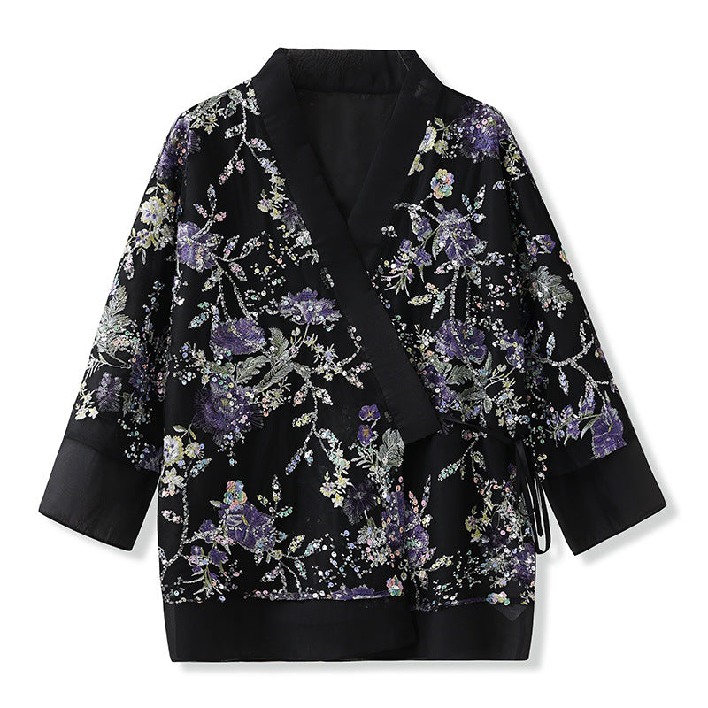 Black Sequin Cardigan | 3D Flower Embroidery | Aurelle