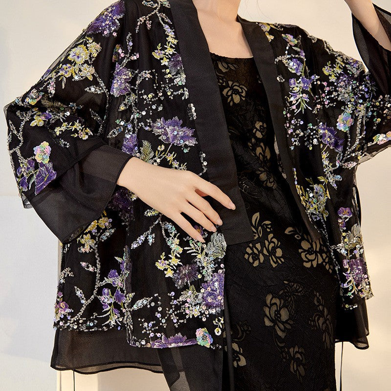 Black Sequin Cardigan | 3D Flower Embroidery | Aurelle