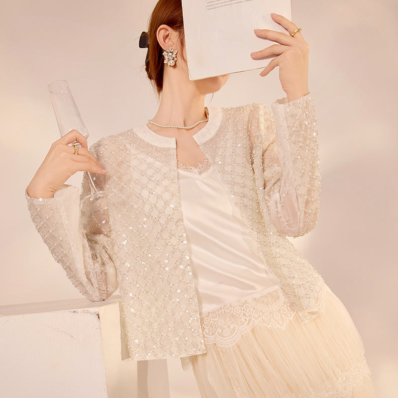 White Beaded Plaid Coat | Artisan Craft | Aurelle