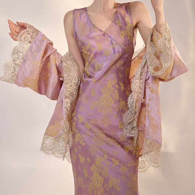 Purple V-Neck Dress | Hand-Embroidered | Aurelle