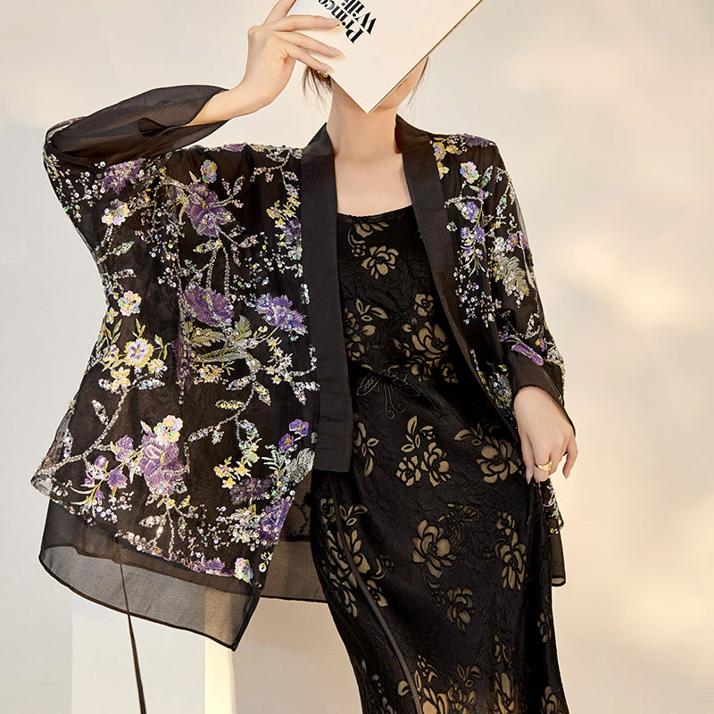 Black Sequin Cardigan | 3D Flower Embroidery | Aurelle
