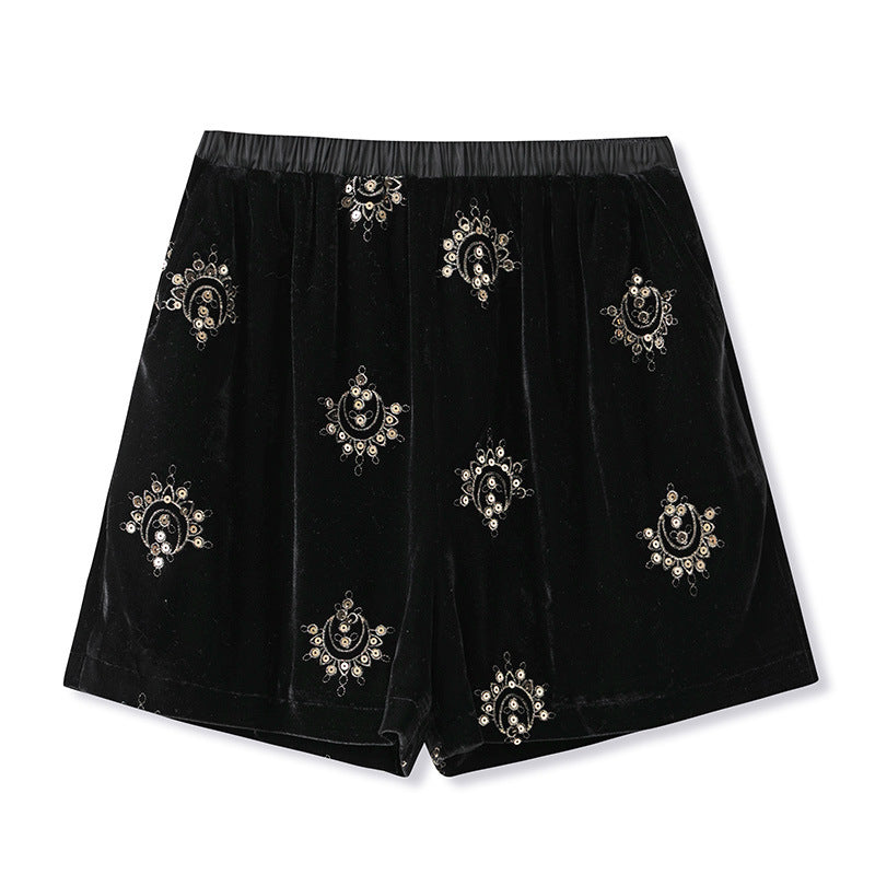 Black Velvet Shorts | 3D Embroidery | Aurelle