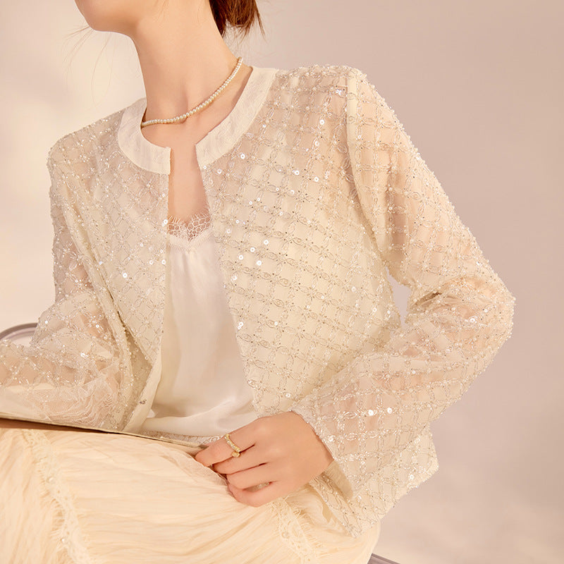 White Beaded Plaid Coat | Artisan Craft | Aurelle