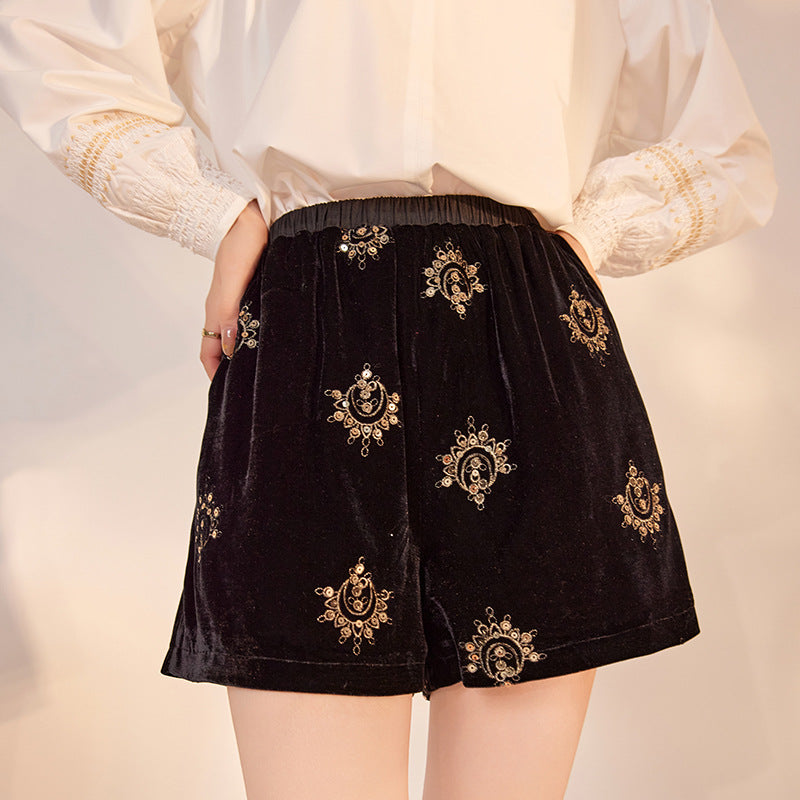 Black Velvet Shorts | 3D Embroidery | Aurelle