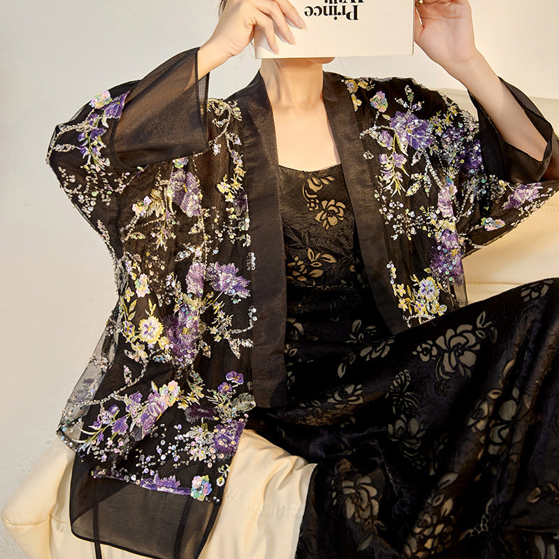 Black Sequin Cardigan | 3D Flower Embroidery | Aurelle