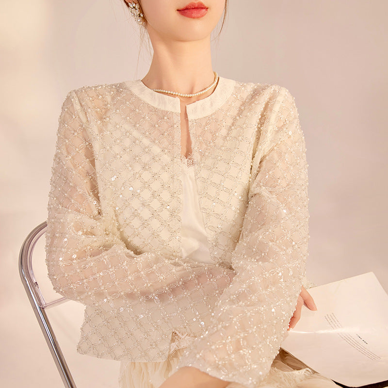 White Beaded Plaid Coat | Artisan Craft | Aurelle
