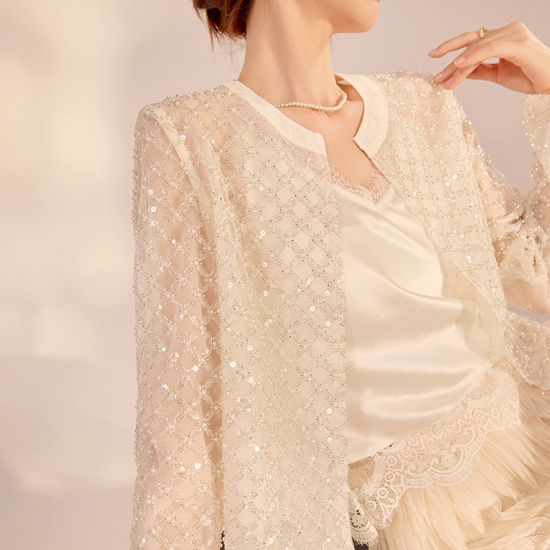 White Beaded Plaid Coat | Artisan Craft | Aurelle