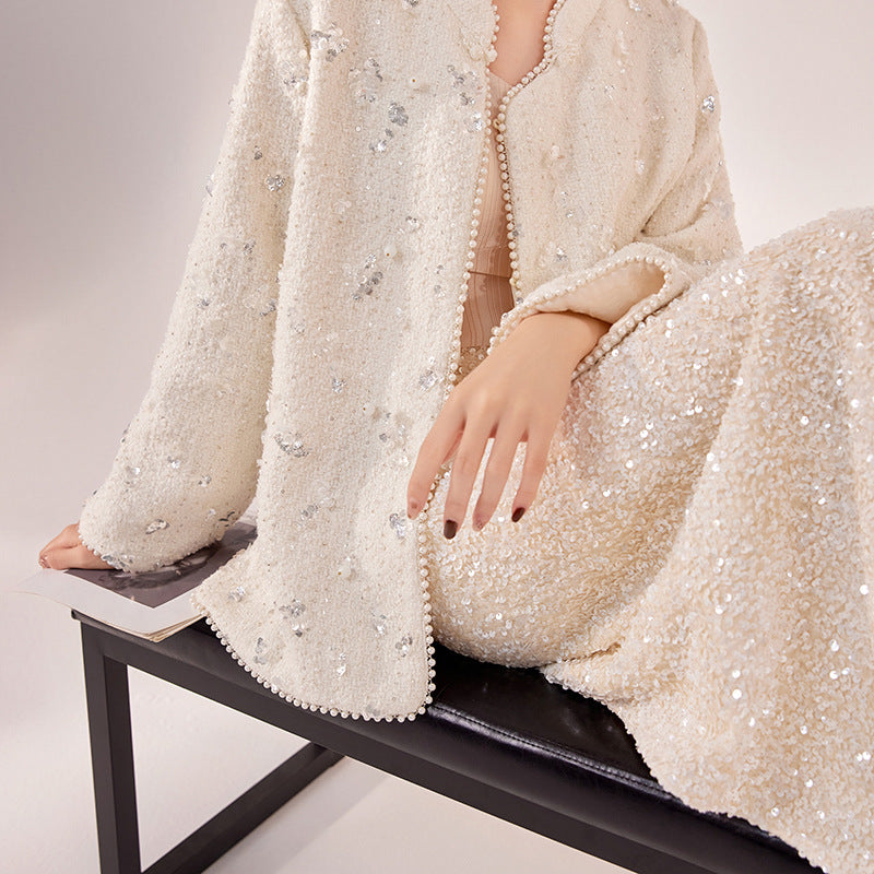 Apricot Sequin Evening Dress | Hand-Embroidered Waist | Aurelle