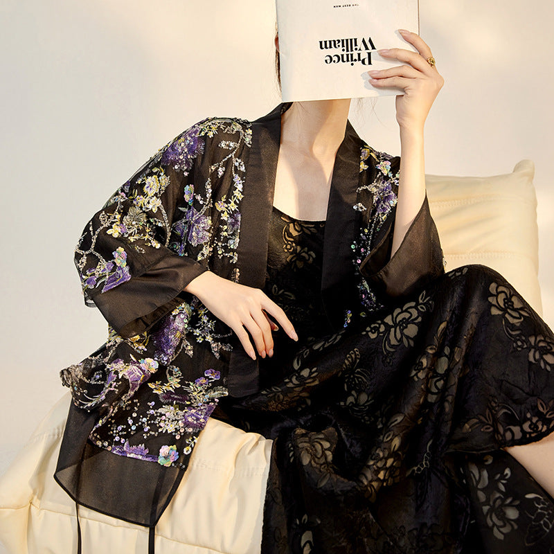 Black Sequin Cardigan | 3D Flower Embroidery | Aurelle