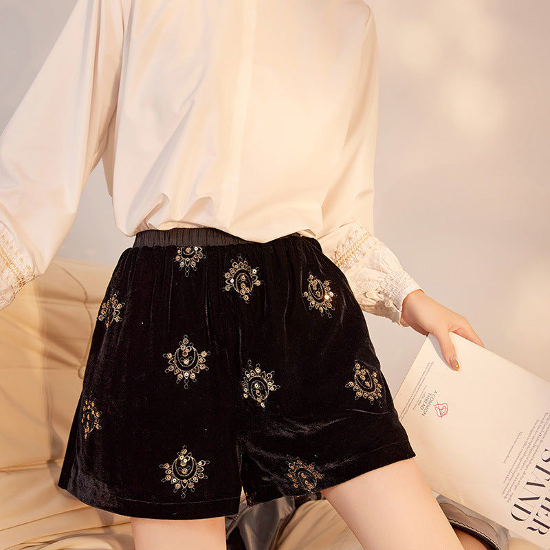 Black Velvet Shorts | 3D Embroidery | Aurelle